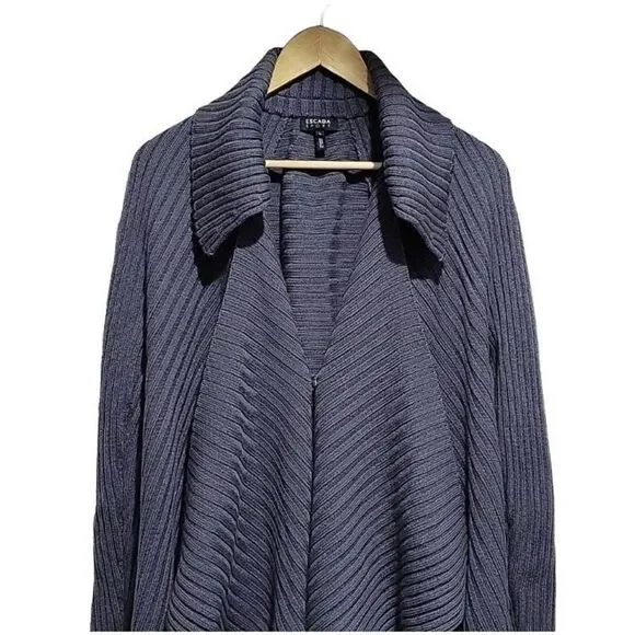 Escada Sport Womens Blue Shawl Drape Ribbed Virgin Wool Cardigan Sweater Large